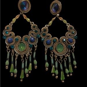 Peacock jewel toned dangly earrings.